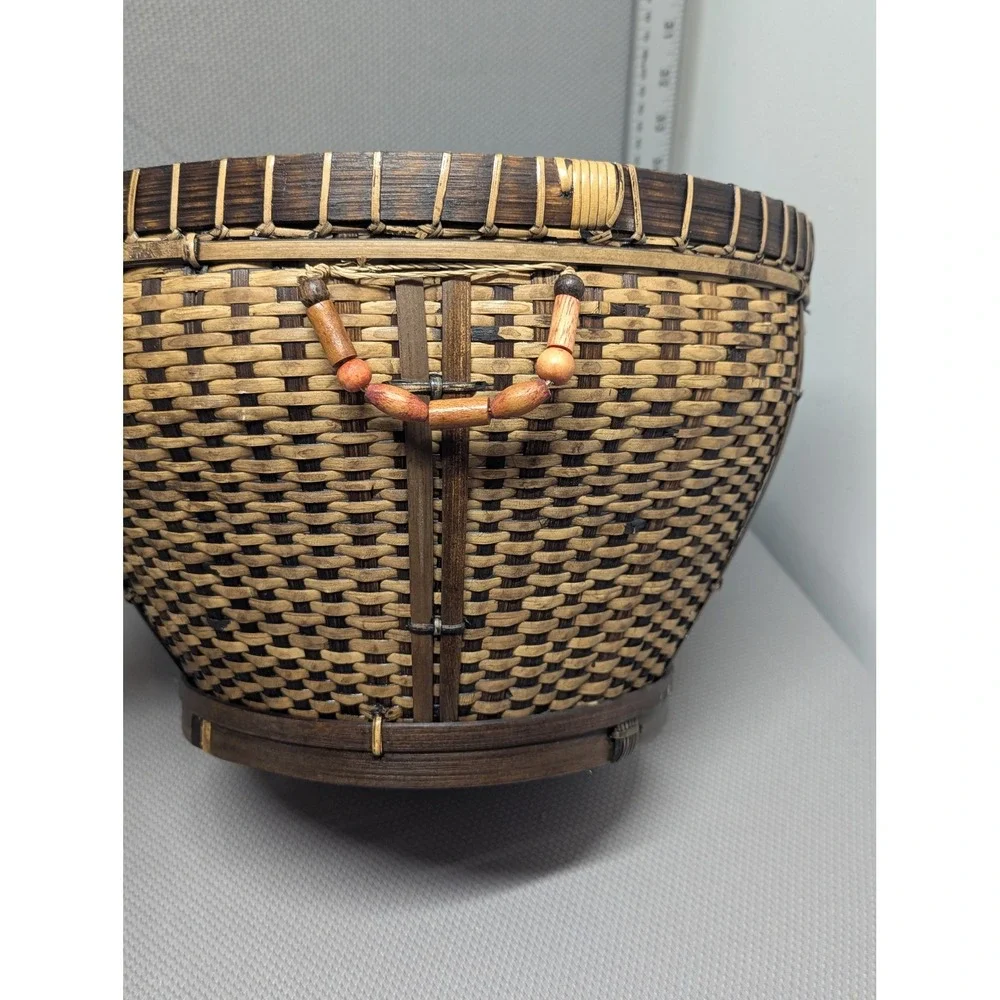 VTG Handcrafted Woven Bamboo Basket Two Tone Round Storage w/ Wood Bead Handles